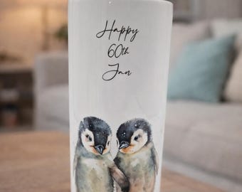 Watercolour Penguin friends Ceramic Vase/ Flower Pot with Custom text - The Perfect Gift for Penguin Lovers
