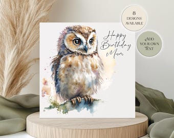 Tarjeta de cumpleaños con búho en acuarela: tarjeta de felicitación inspirada en la naturaleza para mamá, amiga o para ella, regalo para amantes de los búhos.