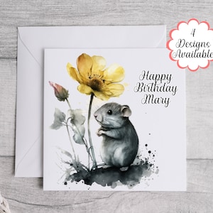 Jolie carte d'anniversaire florale avec souris - texte modifiable pour une touche personnalisée - carte de voeux pour enfants et adultes en toute occasion
