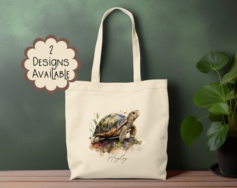 Watercolour Tortoise Canvas Tote Bag with Long Handle - Personalised Tortoise Gift for Her