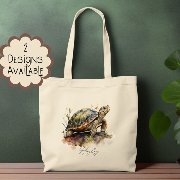 Watercolour Tortoise Canvas Tote Bag with Long Handle - Personalised Tortoise Gift for Her