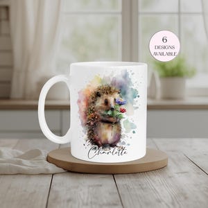 Personalised watercolour hedgehog mug with flowers and custom name