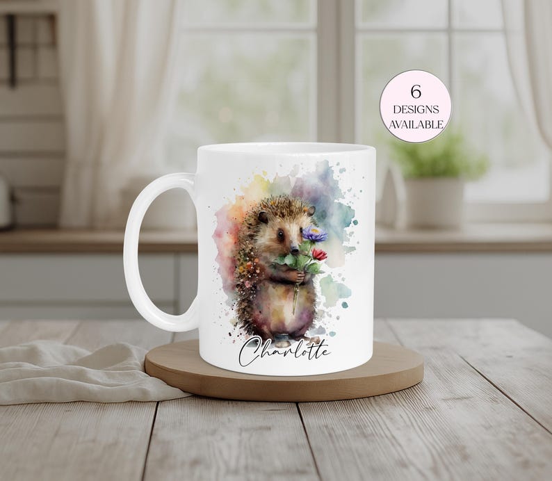 Personalised watercolour hedgehog mug with flowers and custom name