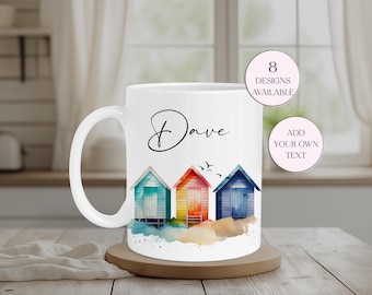 Personalised Beach Hut Mug | Custom Coastal Coffee Cup | Seaside Beach House Gift | Nautical Tea Cup | Matching Coaster