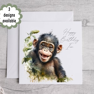 Carte d'anniversaire joyeux singe - voeux personnalisable, cadeau pour amoureux des singes, texte modifiable pour toutes les occasions, carte de fête des pères