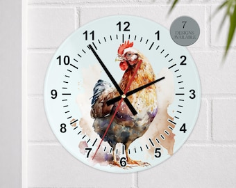 Chicken Wall Clock - Glass Kitchen Clock- Hen Lover Gift - Farmhouse Decor