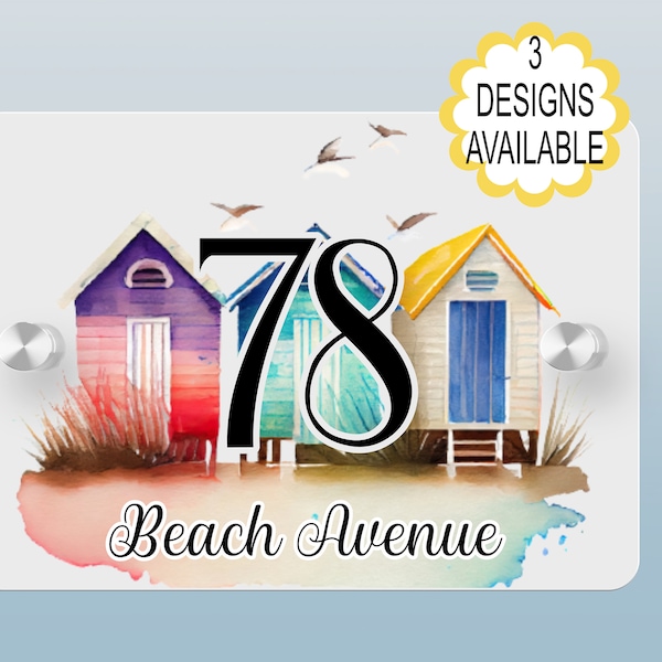 Aquarel Beach Hut Acryl Huisbord - Aangepast huisnummer - Nieuw huiscadeau - Strandthema Gepersonaliseerd huisbord