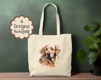 Watercolour Golden Retriever Canvas Tote Bag with Long Handle - Personalised Gift for Her