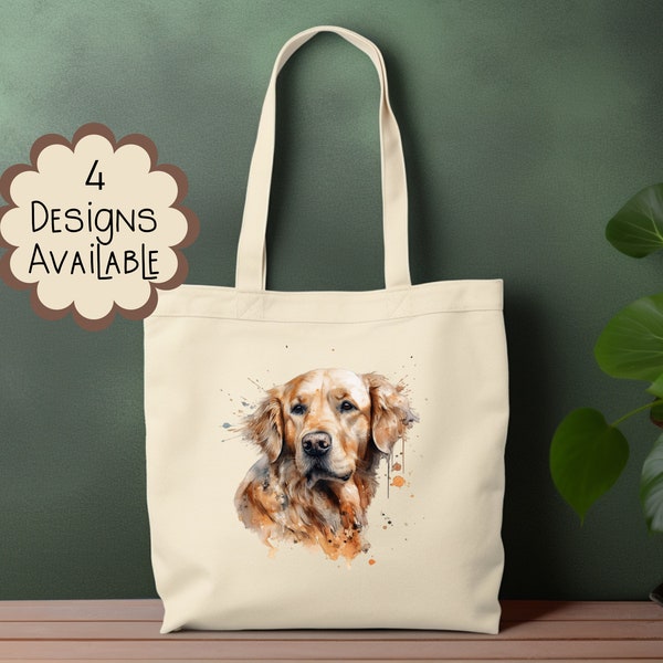 Watercolour Golden Retriever Canvas Tote Bag with Long Handle - Personalised Gift for Her