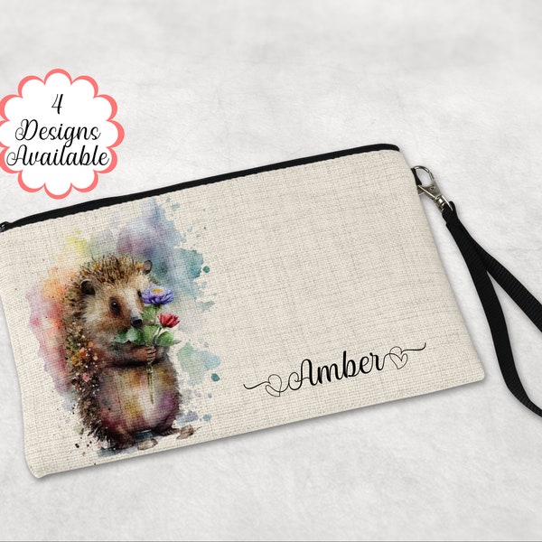 Personalised Hedgehog Linen Makeup Bag with Strap - Versatile Cosmetic Pouch and Travel Gift - Large Pencil Case or Zip Pouch, for her.