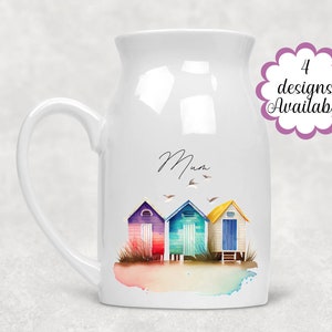 Watercolour Beach Hut Milk Jug / Personalised Flower Vase - Ideal Gift for Beach Lovers - Coastal Home Décor