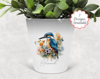 Maceta de planta de martín pescador de acuarela / maceta de pluma / maceta de maquillaje con nombre personalizado - El regalo perfecto para los amantes del martín pescador.