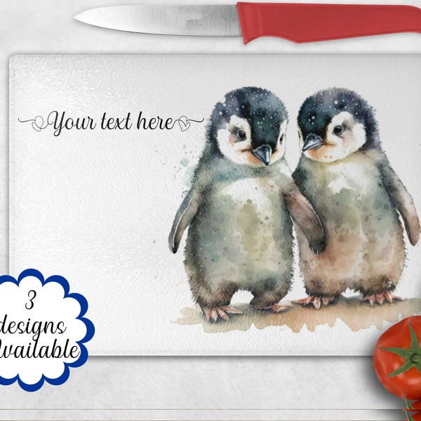 Personalised Beautiful Penguin Glass Chopping Board - Cheese Board, Housewarming Gift, Kitchenware - Gift for Kitchen, Penguin Worktop Saver