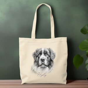 Sketched Saint Bernard Tote Bag with Long Handle - Personalised Gift for Her