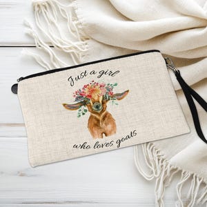 Customised 'Just a Girl Who Loves Goats' Makeup Bag – Linen-Effect Zip Pouch with Strap - Goat Lover Gift - Large Pencil Case for Her