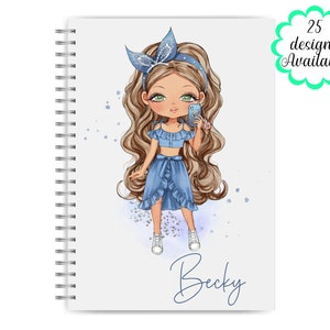 Personalised tween Notebook. Kids Custom Name notepad, Customised cartoon Gift for Child, girlie lined Notebook for girl. Journal.