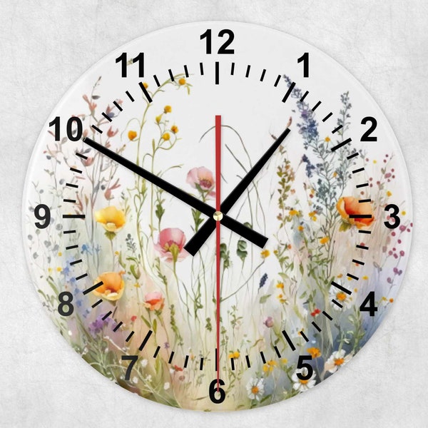 Belle horloge de maison de fleurs sauvages aquarelle en verre, horloge murale. Aussi disponible en MDF, décoration florale pour la maison.