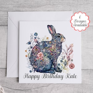 Floral Bunny Rabbit Birthday Card | Editable Text | Personalised Greetings Card | Cute Rabbit Gift for Her or Kids