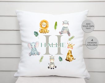 Personalised Safari Animal Cushion - Jungle Animal Pillow - Custom Name Cushion - Safari Nursery Decor