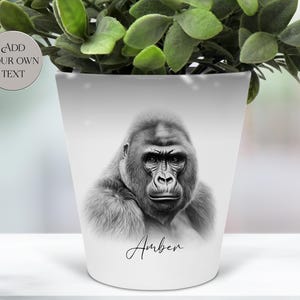 Könnte beinhalten: Weißer Keramik-Pflanztopf mit einer detaillierten Schwarz-Weiß-Illustration eines Gorillas. Der Topf trägt den Namen "Amber" in einer Schreibschrift. Der Topf ist mit grünen Blättern gefüllt.