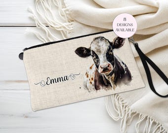 Personalised Linen Dairy Cow Makeup Bag with Strap - Versatile Cosmetic Pouch - Teacher Gift - Large Pencil Case - Zip Pouch for her.