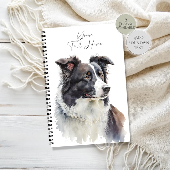ボーダーコリーの名入れノート – 水彩画風犬柄ジャーナル、A5/A4サイズ