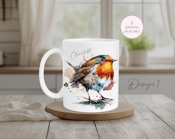 Conjunto de caneca e porta-copos personalizados em aquarela Robin – Presente personalizado para amantes de pássaros | Decoração de vida selvagem