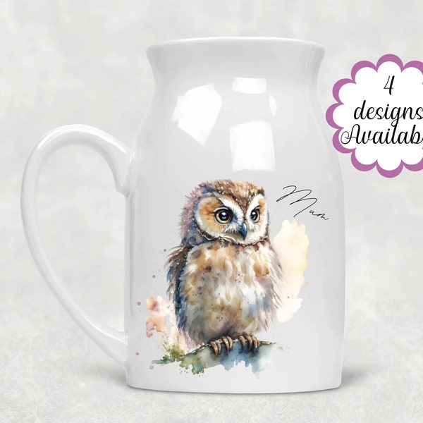 Watercolour Owl Milk Jug / Personalised Flower Vase - Thoughtful Gift for Her / Owl Enthusiasts - Charming Owl Home Décor