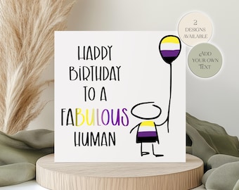 Personalised Non-Binary Birthday Card – Editable Text, Gender Fluid LGBTQ+ Greetings Card, Non-Binary Gift