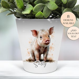 May include: White ceramic plant pot with a watercolour illustration of a piglet with pink ears and snout. The pot has the name "Sally" written in cursive. Two circular stickers read "8 designs available" and "Add your own text".