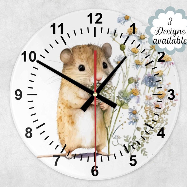 Élégante horloge murale florale aquarelle souris en verre - Un incontournable pour la décoration intérieure des amateurs de souris