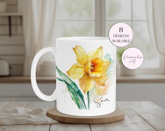Personalised Watercolour Daffodil Mug & Coasters – Custom Floral Spring Gift – Flower Lover Coffee Cup