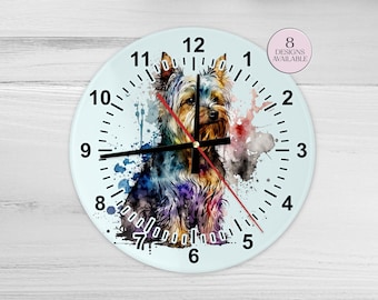 Watercolour Yorkshire Terrier Glass Wall Clock - Dog Gift - Home Décor - Yorkie Mum - Housewarming