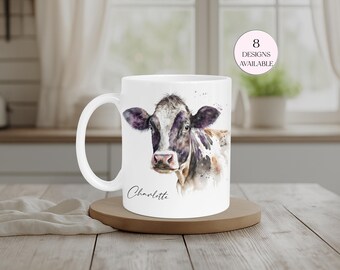 Caneca de Vaca Personalizada - Caneca de Café com Nome Personalizado - Presente com Vaca em Aquarela - Caneca para Cozinha Estilo Fazenda - Presente para Amantes de Vacas