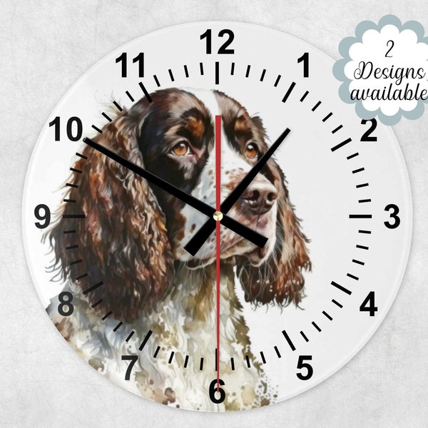 Belle horloge de maison en verre, aquarelle, Springer Spaniel, horloge murale. Décoration d'intérieur épagneul springer.