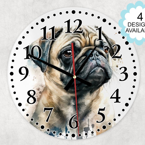 Beautiful glass watercolour Pug house clock, wall clock. Pug home décor.