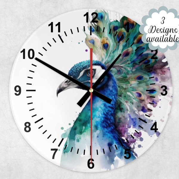 Élégante horloge murale paon aquarelle en verre - Un indispensable pour la décoration de la maison des amateurs de paons