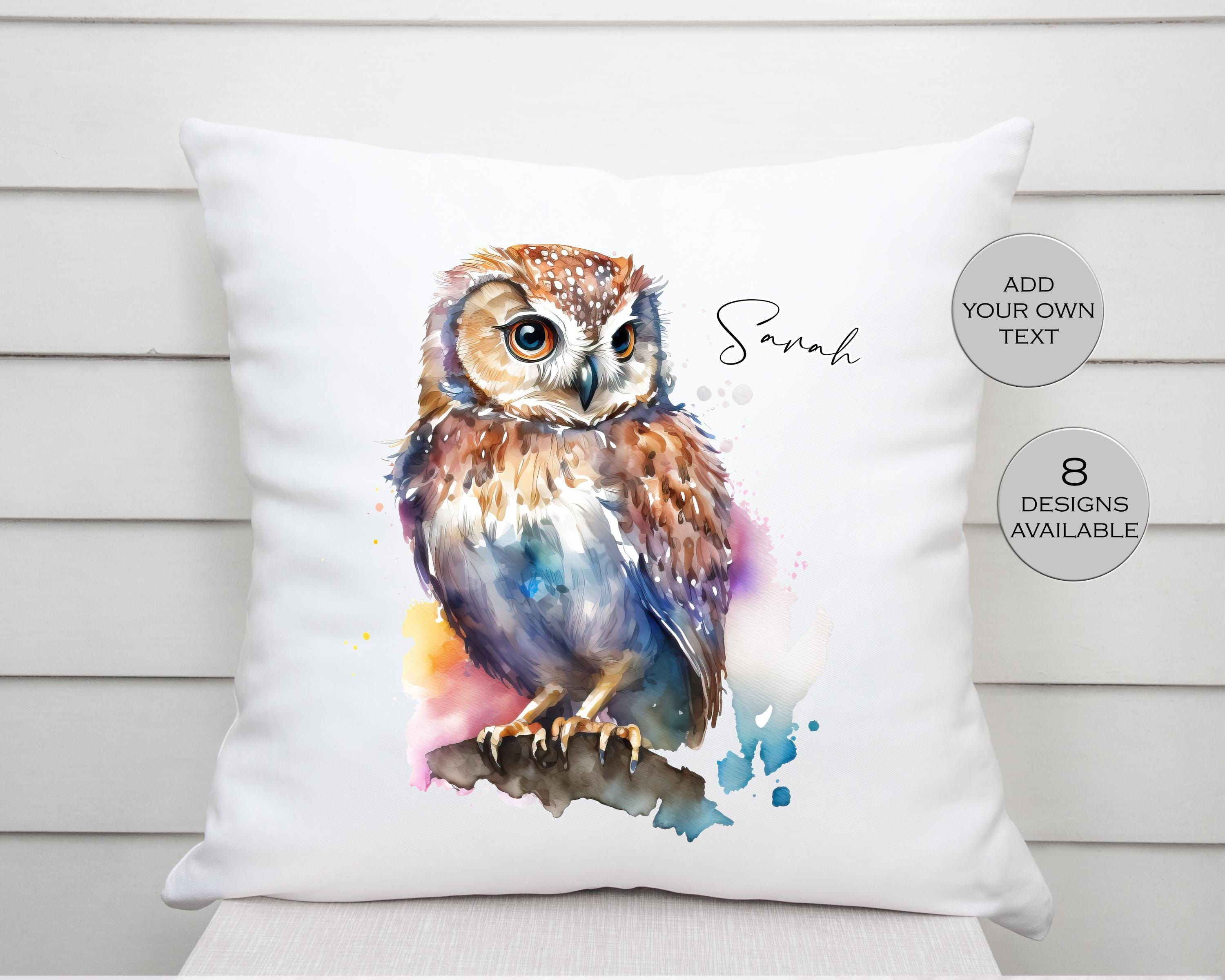 Personalised Watercolour Owl Cushion – Custom Bird Pillow, Farmhouse Home Décor