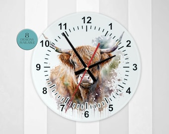Glass  Highland Cow Clock | Kitchen Wall Décor | Farmhouse - Gift for Cow Lovers - Rustic Home Accent