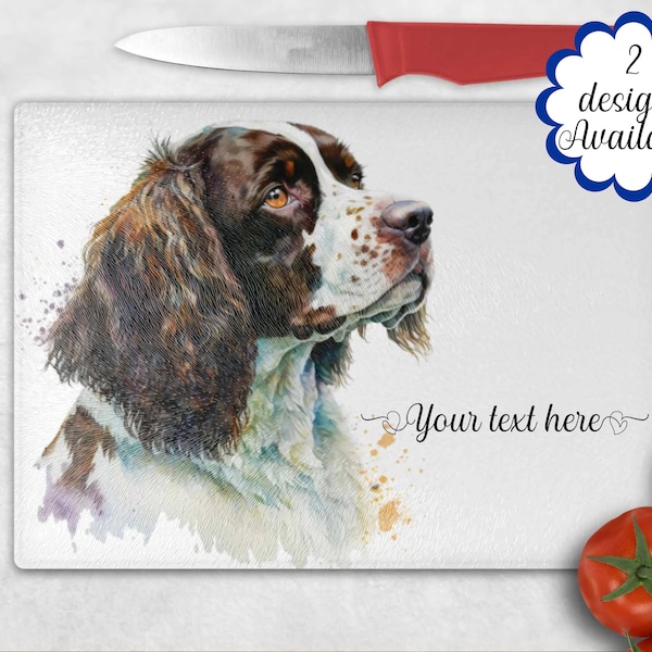 Personalised springer spaniel glass chopping board. Cheese Board, House warming gift, Kitchen ware, Gift for her, dog gift, for kitchen