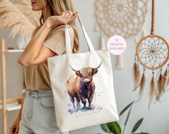 Personalised Watercolour Highland Cow Tote Bag with Long Handle – Custom Cow Gift for Her, Highland Coo Tote, Reusable Shopping Bag