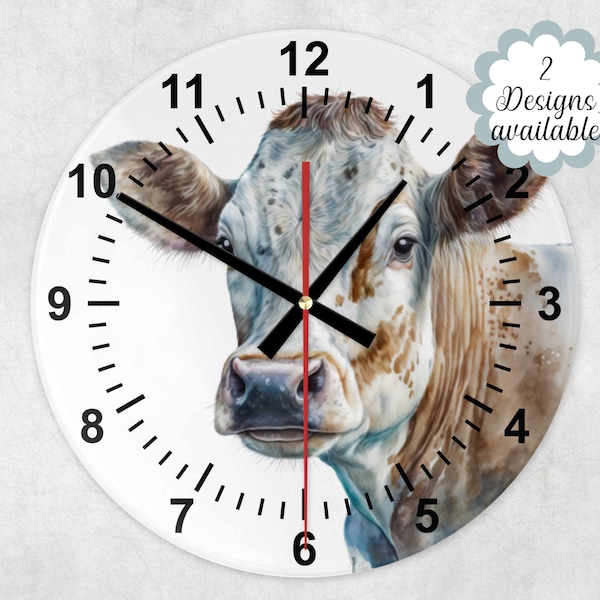 Élégante horloge murale en verre aquarelle en forme de vache laitière – Un ajout charmant à votre décoration d'intérieur sur le thème de la vache.