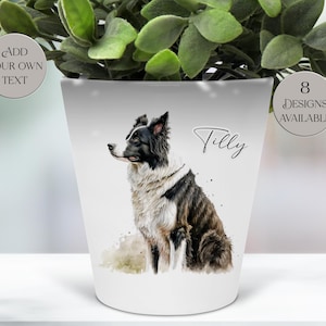 May include: White ceramic plant pot with a watercolour illustration of a Border Collie. The dog is black, white, and brown, with the name "Tilly" in script. The pot has text that says "Add Your Own Text" and "8 Designs Available".