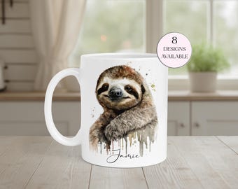 Watercolour Cute Sloth Mug – Personalized Sloth Lover Gift, Matching Coaster Available, Mother's Day Gift for Her