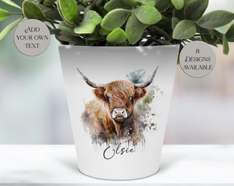 Watercolour Highland Cow Plant Pot – Personalised Pen / Makeup Brush Organizer