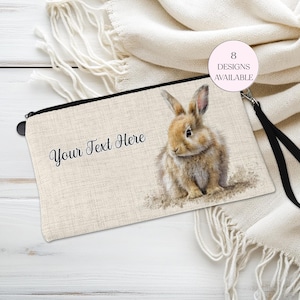 Customised Bunny Rabbit Makeup Bag with Strap – Cosmetic Pouch, Large Pencil Case or Zip