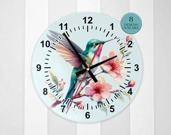 Glass Watercolour Hummingbird Clock – Bird Art - Floral Home Décor