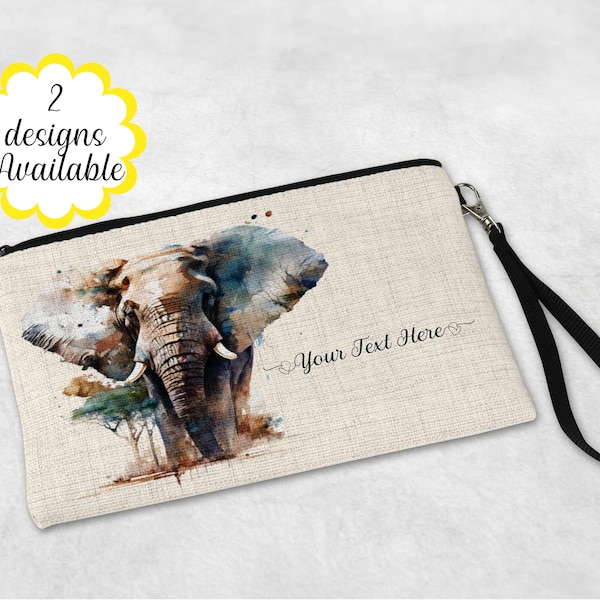 Personalised Elephant Linen Makeup Bag with Strap - Versatile Cosmetic Pouch and Travel Gift - Large Pencil Case or Zip Pouch, for her.