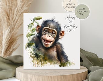 Personalised Monkey Birthday Card – Customisable Greetings - Baby Chimp Lover-  Editable Text for All Occasions - Father's Day Card