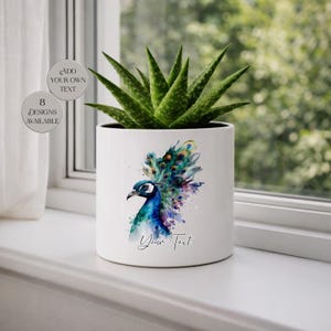 May include: A white ceramic plant pot featuring a watercolour peacock design in blue, green, and purple hues. The pot holds a green succulent plant. Text on the pot reads "Add Your Own Text" and "8 Designs Available."